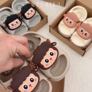 Cute Kids’ Black Cartoon Character Open-Back Comfort Slippers with Soft Sculpted Character Face, Lightweight Sole, Easy Slip-On Design & Adorable Everyday Indoor-Outdoor Footwear 🖤🐑✨