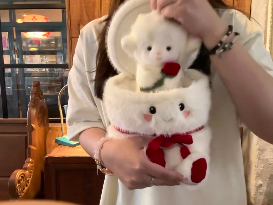 Adorable Soft Cream Teddy Bear Character Plush Toy with Cute Hat Design, Red Rose Detail, Sweet Facial Features, Bow Accent & Cuddly Decorative Gift-Ready Style for Kids and Loved Ones 🧸🤍🌹✨