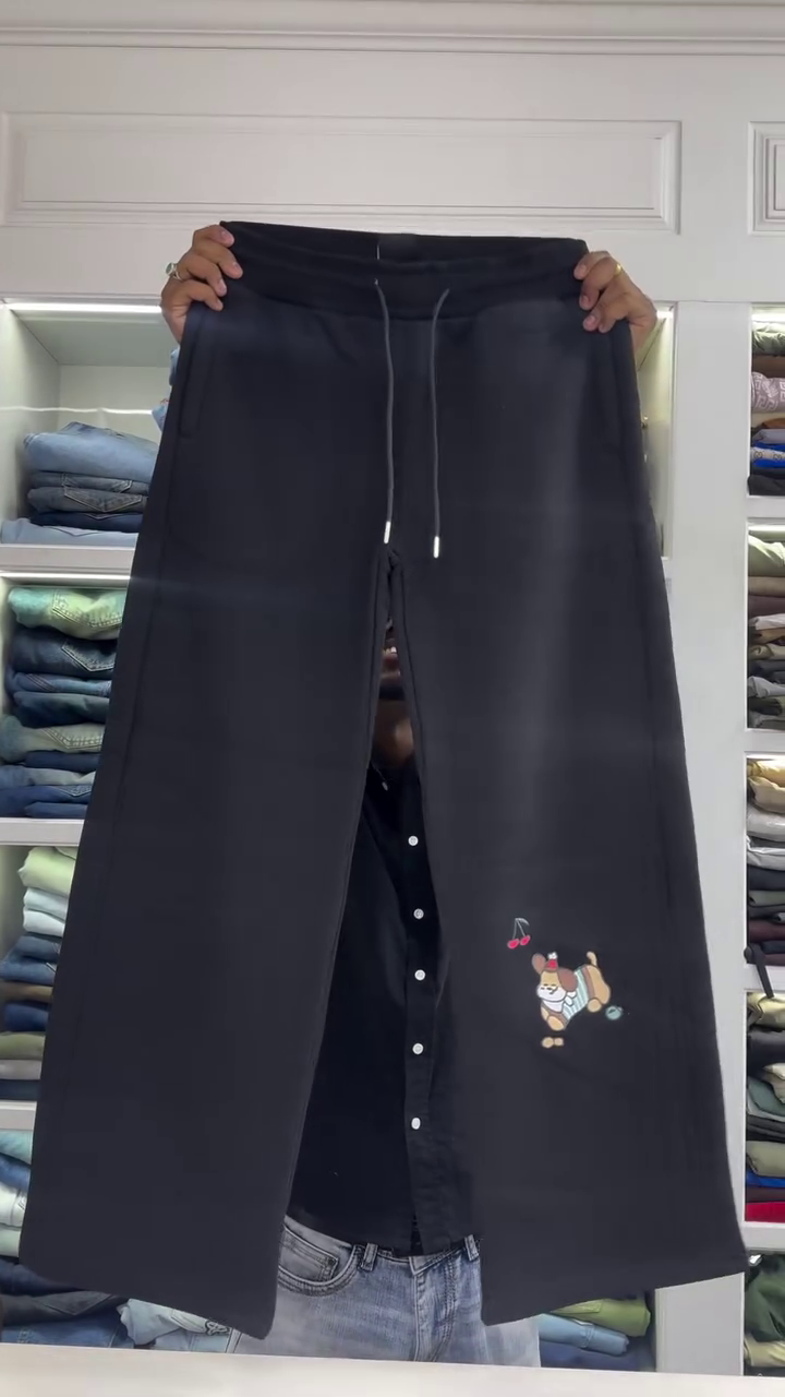Women’s Elegant Ivory Cream Wide Straight-Leg Casual Trousers with Comfortable Drawstring Waist, Minimal Side Pockets, Relaxed Fit & Playful Embroidered Cartoon Character Detail for Trendy Everyday Fashion 🤍🐾✨