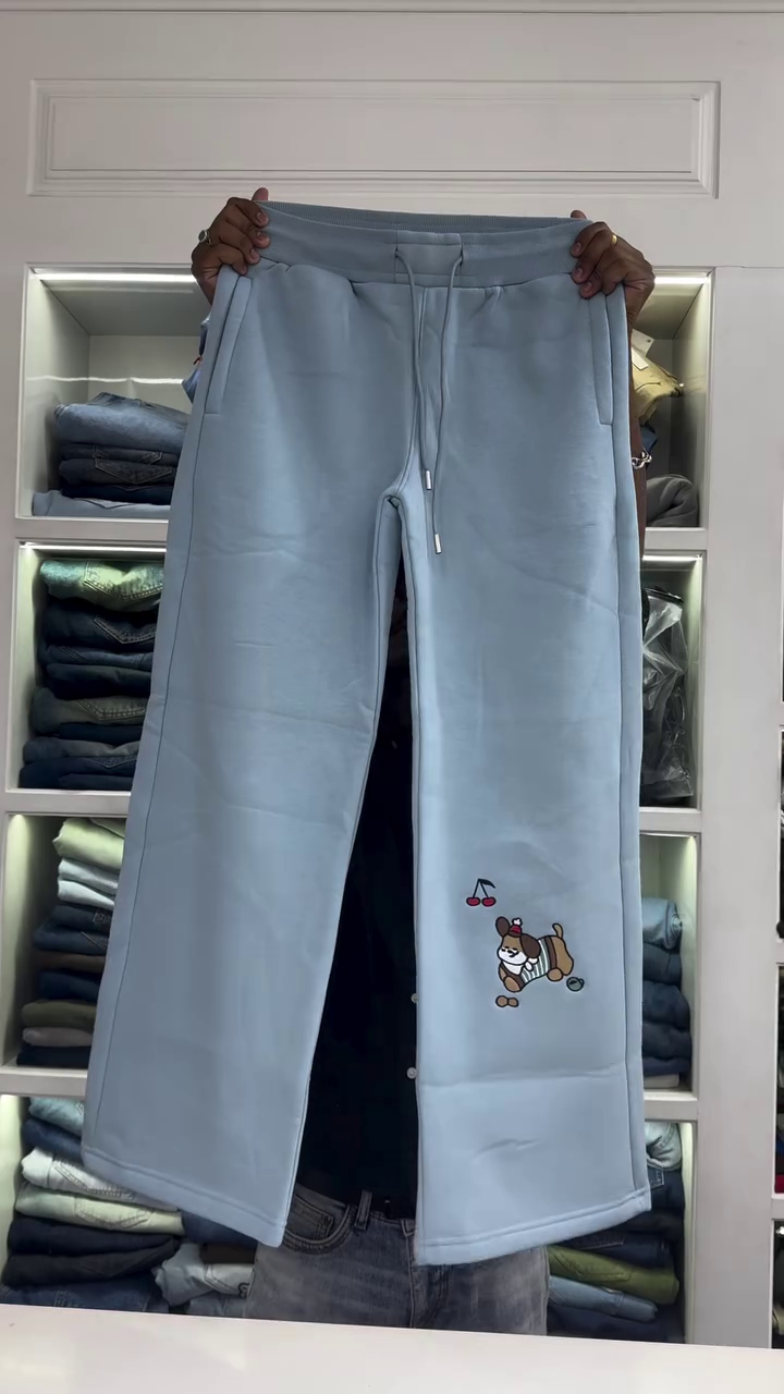 Women’s Elegant Ivory Cream Wide Straight-Leg Casual Trousers with Comfortable Drawstring Waist, Minimal Side Pockets, Relaxed Fit & Playful Embroidered Cartoon Character Detail for Trendy Everyday Fashion 🤍🐾✨