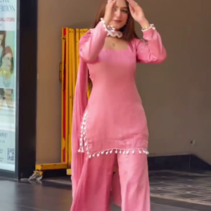 Elegant Women’s Premium Pink Co-Ord Set with Stylish Square Neck Long-Sleeve Tunic Top, Wide-Leg Flared Pants, Matching Dupatta, Decorative Pom-Pom Trim & Feminine Contemporary Ethnic-Fusion Partywear Design 💕👗✨