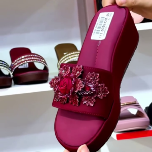 Elegant Maroon Floral Wedge Sandals – Stylish Statement Footwear for Women