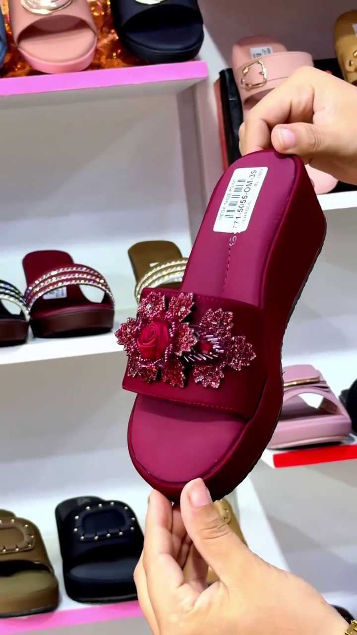 Elegant Maroon Floral Wedge Sandals – Stylish Statement Footwear for Women