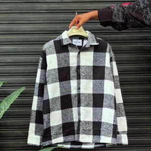 Men’s Trendy Black, White & Grey Oversized Checkered Shirt with Classic Spread Collar, Full Sleeves, Button-Down Front, Large Windowpane Pattern and Contemporary Casual Streetwear Styling