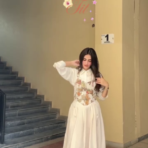 Women’s Elegant Ivory Cream Floor-Length Maxi Dress with Long Sleeves, Beautiful Multicolour Floral Embroidered Bodice, Fitted Waistline, Flowing Flared Skirt and Romantic Feminine Styling