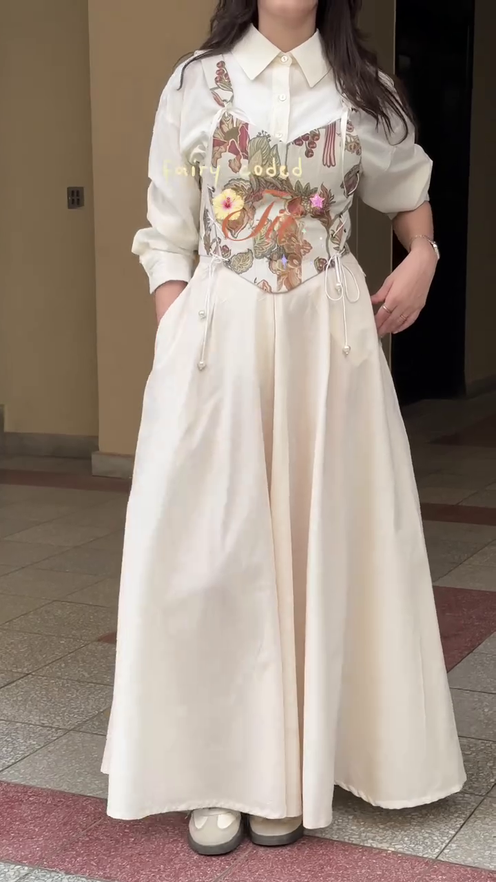 Women’s Elegant Ivory Cream Floor-Length Maxi Dress with Long Sleeves, Beautiful Multicolour Floral Embroidered Bodice, Fitted Waistline, Flowing Flared Skirt and Romantic Feminine Styling