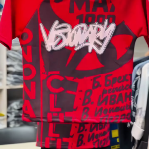 Men’s Bold Red Graphic Print Half-Sleeve T-Shirt with Contrasting Dark Abstract Typography, Oversized Front Artwork, Round Neckline and Contemporary Urban Streetwear Design