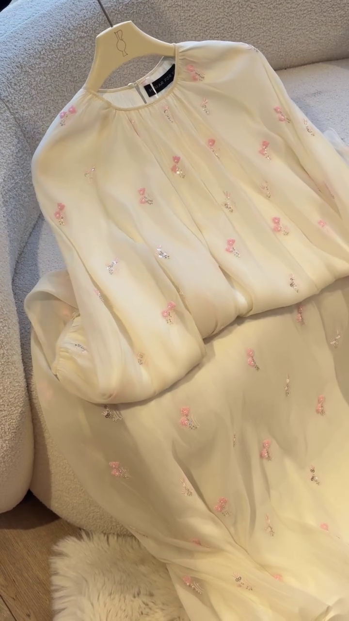 Women’s Elegant Ivory Cream Floral Embroidered Kurta Set with Soft Pink Blossom Motifs, Delicate Metallic-Style Accents, Full Sleeves, Matching Flared Bottom and Graceful Ethnic Silhouette