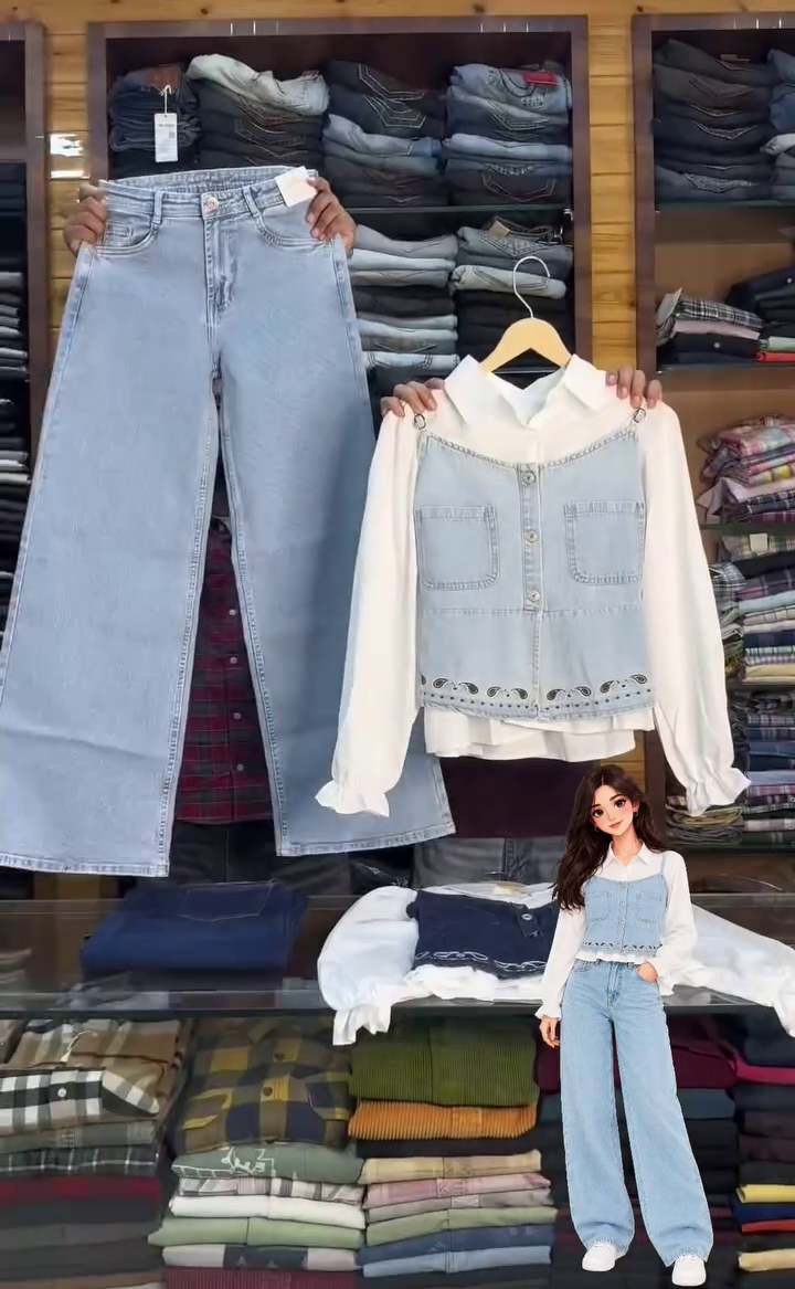 Women’s Stylish Dark Blue Denim-Inspired Sleeveless Button-Front Vest with Dual Patch Pockets and Decorative Hem Detailing Paired with Matching High-Waist Wide-Leg Jeans and White Shirt