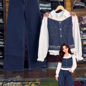 Women’s Stylish Dark Blue Denim-Inspired Sleeveless Button-Front Vest with Dual Patch Pockets and Decorative Hem Detailing Paired with Matching High-Waist Wide-Leg Jeans and White Shirt