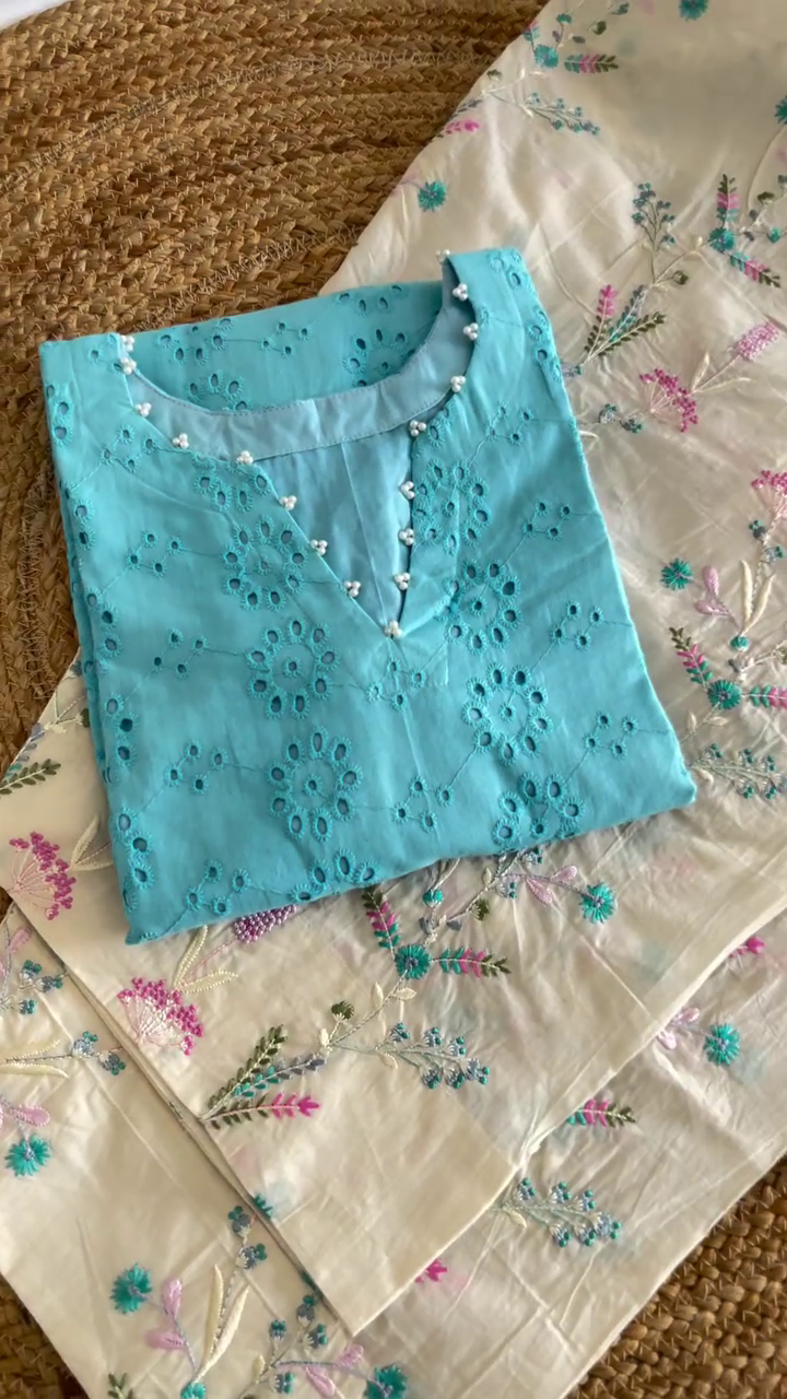 Women’s Beautiful Turquoise Blue & Ivory Ethnic Co-Ord Set with Intricate Floral Embroidery, Eyelet-Style Cutwork Detailing, Decorative Neckline, Matching Embroidered Bottoms and Feminine Festive Styling