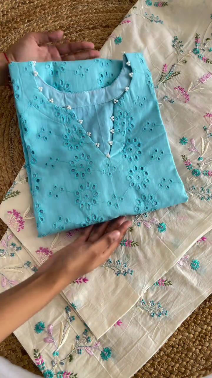Women’s Beautiful Turquoise Blue & Ivory Ethnic Co-Ord Set with Intricate Floral Embroidery, Eyelet-Style Cutwork Detailing, Decorative Neckline, Matching Embroidered Bottoms and Feminine Festive Styling