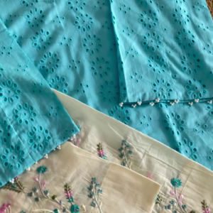 Women’s Beautiful Turquoise Blue & Ivory Ethnic Co-Ord Set with Intricate Floral Embroidery, Eyelet-Style Cutwork Detailing, Decorative Neckline, Matching Embroidered Bottoms and Feminine Festive Styling