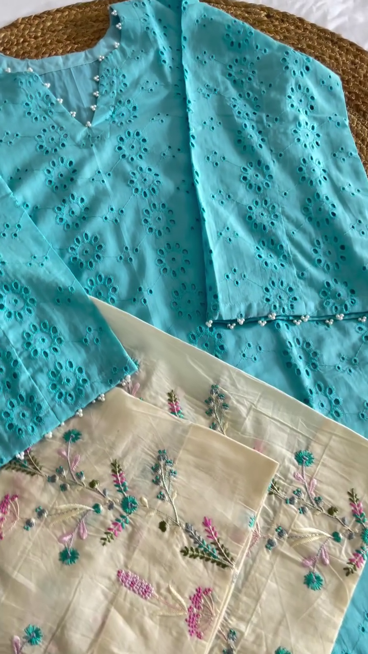 Women’s Beautiful Turquoise Blue & Ivory Ethnic Co-Ord Set with Intricate Floral Embroidery, Eyelet-Style Cutwork Detailing, Decorative Neckline, Matching Embroidered Bottoms and Feminine Festive Styling