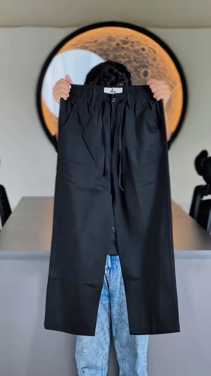 Elegant Beige Relaxed-Fit Straight-Leg Trousers with Elasticated Waistband, Adjustable Drawstring Closure, Front Button Detail, Side Pockets and Minimal Everyday Casual Design
