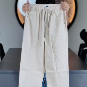 Elegant Beige Relaxed-Fit Straight-Leg Trousers with Elasticated Waistband, Adjustable Drawstring Closure, Front Button Detail, Side Pockets and Minimal Everyday Casual Design
