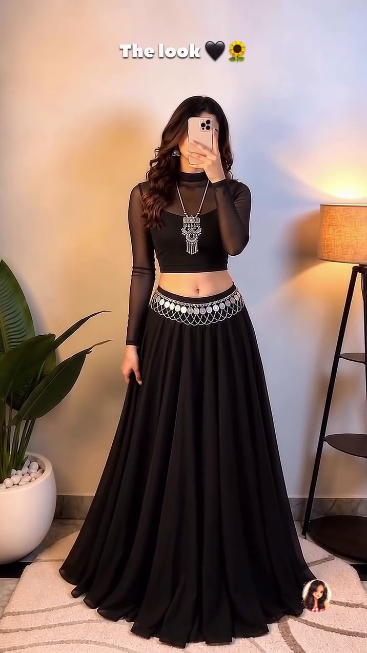 🖤✨ Premium Black Floor-Length Designer Lehenga with Sheer Full-Sleeve Crop Top, Elegant Silver-Tone Waist Embellishment and Matching Party Wear Ethnic Ensemble