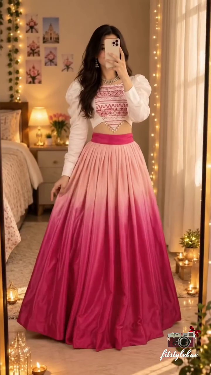 💗✨ Premium White Embroidered Designer Crop Blouse with Elegant Puff Sleeves and Pink-to-Magenta Gradient Floor-Length Flared Lehenga Skirt – Glamorous Wedding, Reception & Festive Party Wear