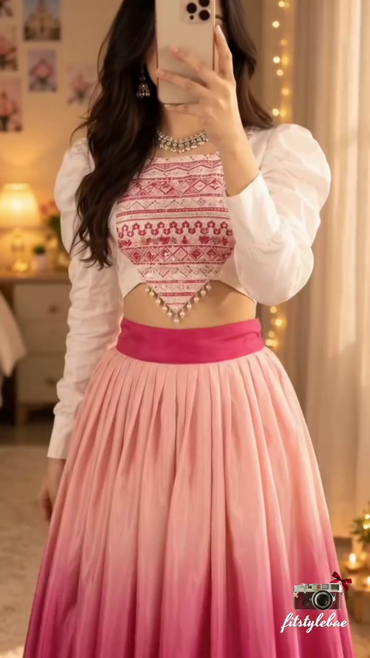 💗✨ Premium White Embroidered Designer Crop Blouse with Elegant Puff Sleeves and Pink-to-Magenta Gradient Floor-Length Flared Lehenga Skirt – Glamorous Wedding, Reception & Festive Party Wear