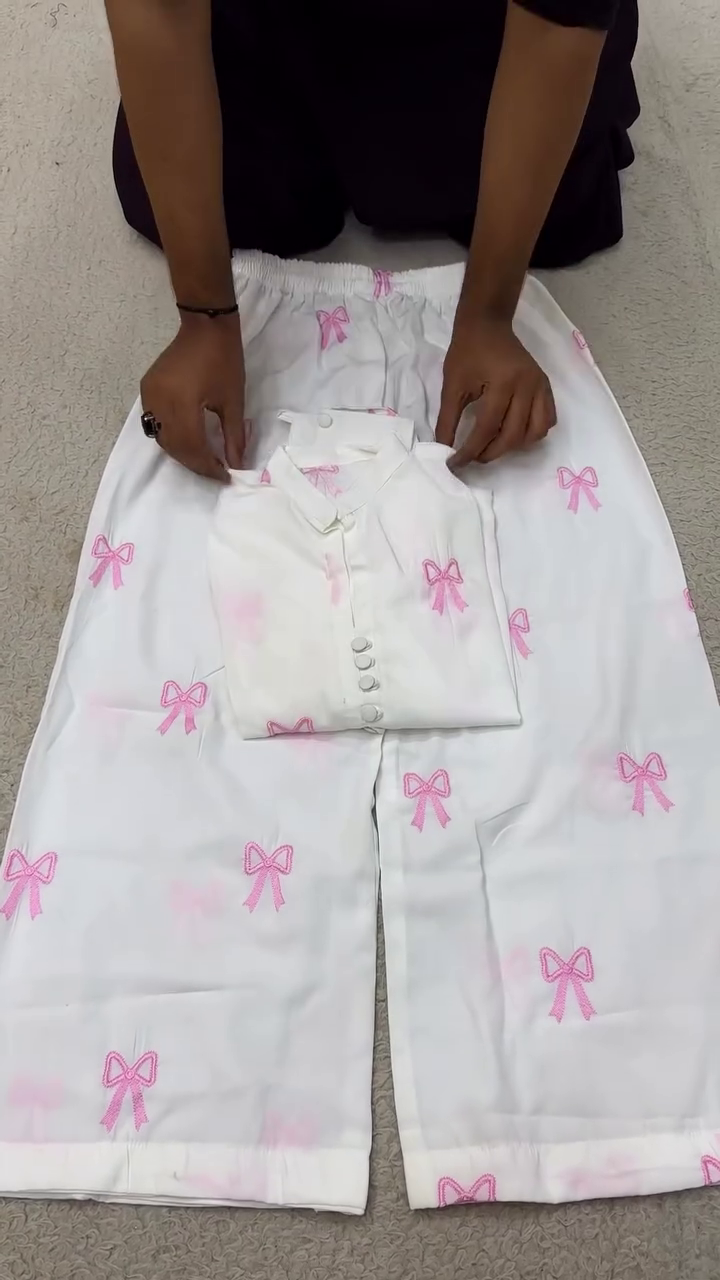 🎀🤍 Premium White Women’s Button-Front Shirt and Matching Bottom Co-Ord Set with Cute Pink Bow Embroidery, Elegant Long Sleeves and Feminine Layered Detailing – Trendy Casual & Lounge Wear