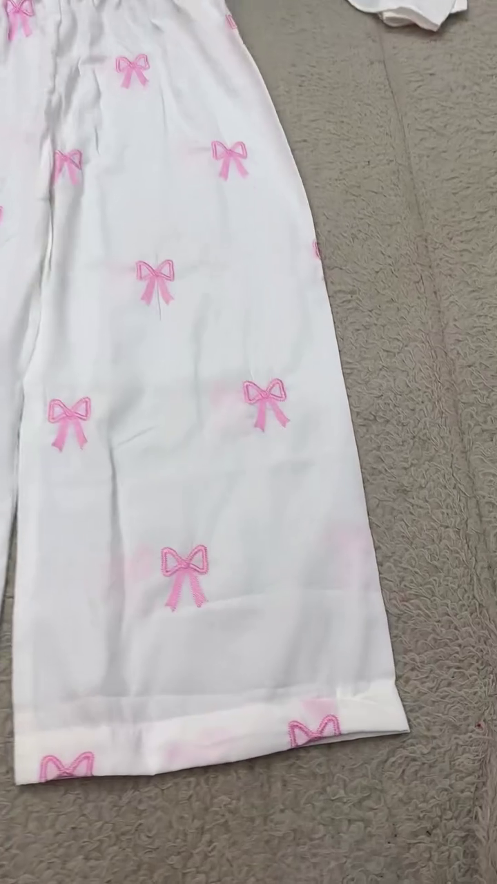 🎀🤍 Premium White Women’s Button-Front Shirt and Matching Bottom Co-Ord Set with Cute Pink Bow Embroidery, Elegant Long Sleeves and Feminine Layered Detailing – Trendy Casual & Lounge Wear