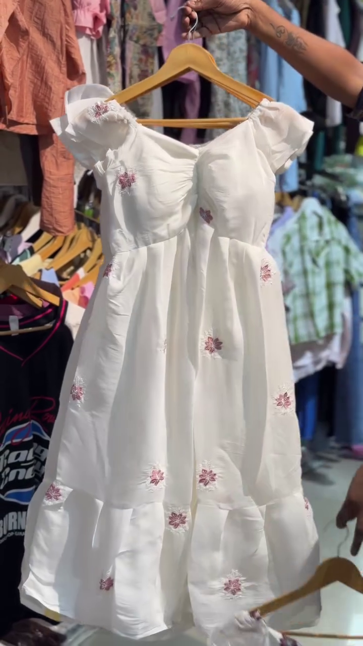 🤍🌸 Premium White Women’s Floral Embroidered Fit-and-Flare Dress with Romantic Puff Sleeves, Shaped Bodice, Delicate Maroon Floral Motifs and Graceful Tiered Skirt – Elegant Casual & Occasion Wear