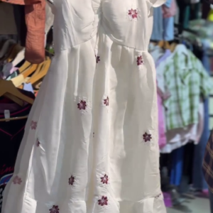 🤍🌸 Premium White Women’s Floral Embroidered Fit-and-Flare Dress with Romantic Puff Sleeves, Shaped Bodice, Delicate Maroon Floral Motifs and Graceful Tiered Skirt – Elegant Casual & Occasion Wear