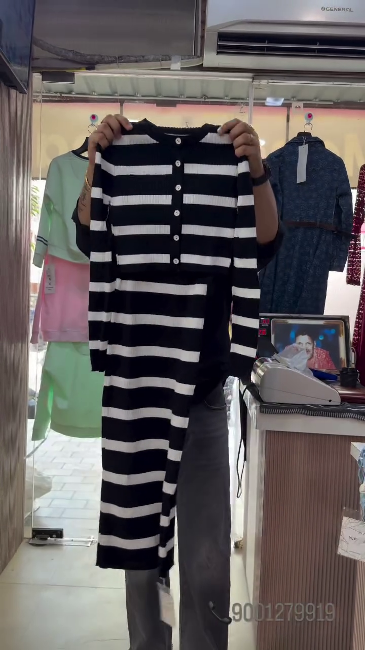 🩵✨ Women’s Blue and Cream Horizontal Striped Button-Front Knit Cardigan with Matching Long Skirt – Chic Korean-Inspired Casual Co-Ord Set