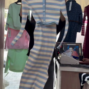 🩵✨ Women’s Blue and Cream Horizontal Striped Button-Front Knit Cardigan with Matching Long Skirt – Chic Korean-Inspired Casual Co-Ord Set