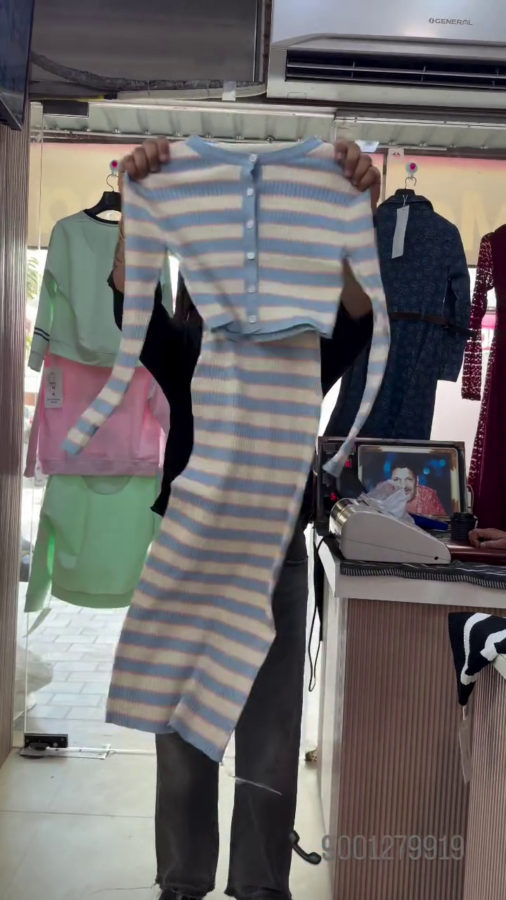 🩵✨ Women’s Blue and Cream Horizontal Striped Button-Front Knit Cardigan with Matching Long Skirt – Chic Korean-Inspired Casual Co-Ord Set