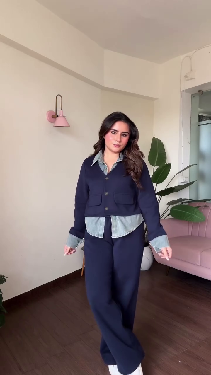 💙✨ Premium Women’s Navy Blue Button-Front Jacket and Wide-Leg Trouser Co-Ord Set with Denim-Style Collar, Contrast Cuffs and Functional-Style Front Pockets – Elegant Casual Western Wear