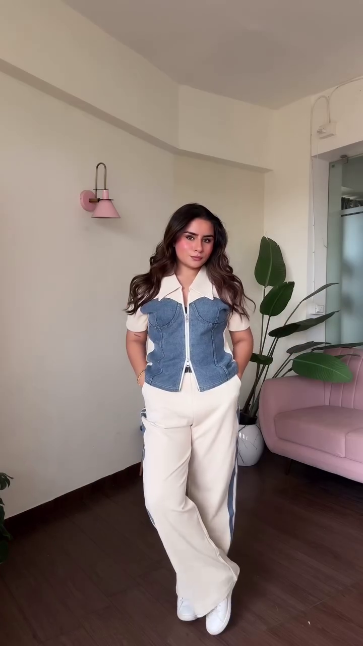 💙✨ Premium Women’s Navy Blue Button-Front Jacket and Wide-Leg Trouser Co-Ord Set with Denim-Style Collar, Contrast Cuffs and Functional-Style Front Pockets – Elegant Casual Western Wear