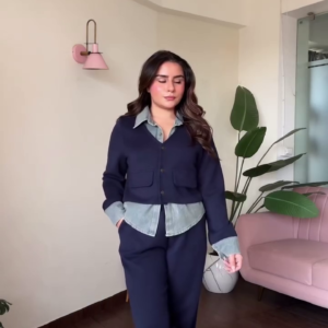 💙✨ Premium Women’s Navy Blue Button-Front Jacket and Wide-Leg Trouser Co-Ord Set with Denim-Style Collar, Contrast Cuffs and Functional-Style Front Pockets – Elegant Casual Western Wear