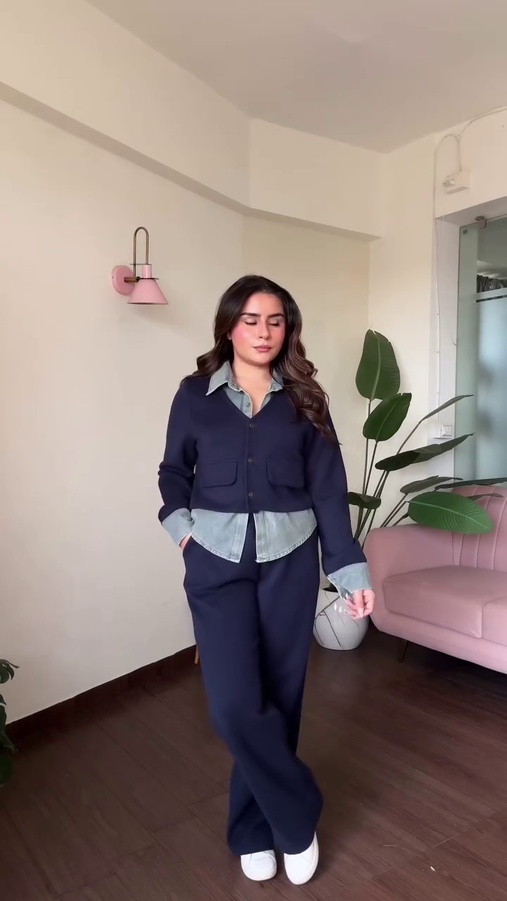 💙✨ Premium Women’s Navy Blue Button-Front Jacket and Wide-Leg Trouser Co-Ord Set with Denim-Style Collar, Contrast Cuffs and Functional-Style Front Pockets – Elegant Casual Western Wear