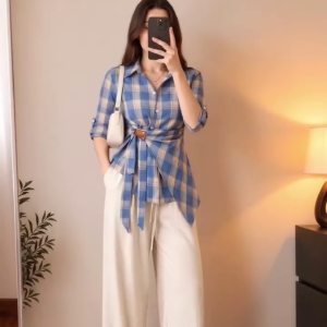 🤍💙 Trendy Women’s Blue and Beige Plaid Button-Down Shirt with Adjustable Waist Tie, Roll-Up Three-Quarter Sleeves and High-Waist Cream Wide-Leg Trousers – Modern Chic Western Outfit  🌸