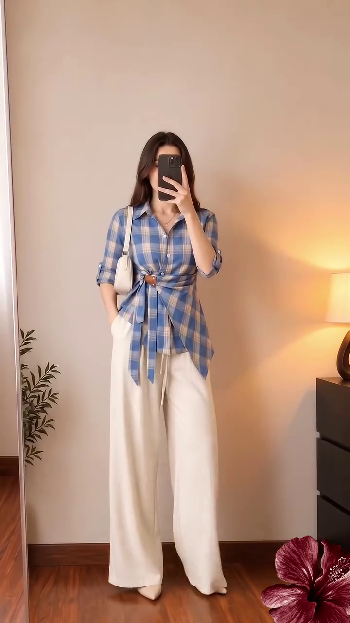 🤍💙 Trendy Women’s Blue and Beige Plaid Button-Down Shirt with Adjustable Waist Tie, Roll-Up Three-Quarter Sleeves and High-Waist Cream Wide-Leg Trousers – Modern Chic Western Outfit  🌸