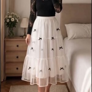 Top and Skirt Set – Black and White Bow