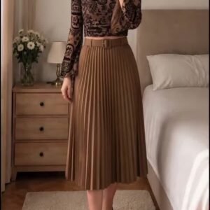 Top and Skirt Set – Brown Lace Pleated