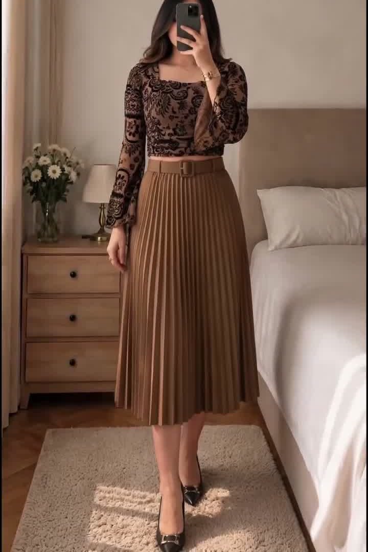 Top and Skirt Set – Brown Lace Pleated