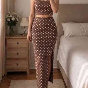 Top and Skirt Set – Brown Polka Dot
