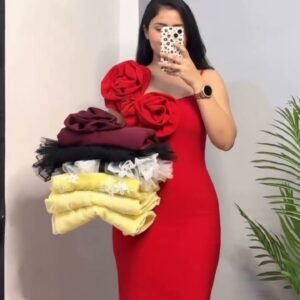 Elegant Red One-Shoulder Bodycon Birthday Dress with Rose Detail