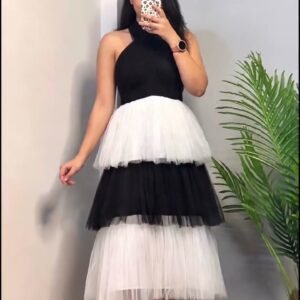 Chic Black and White Tiered Tulle Halter Birthday Dress