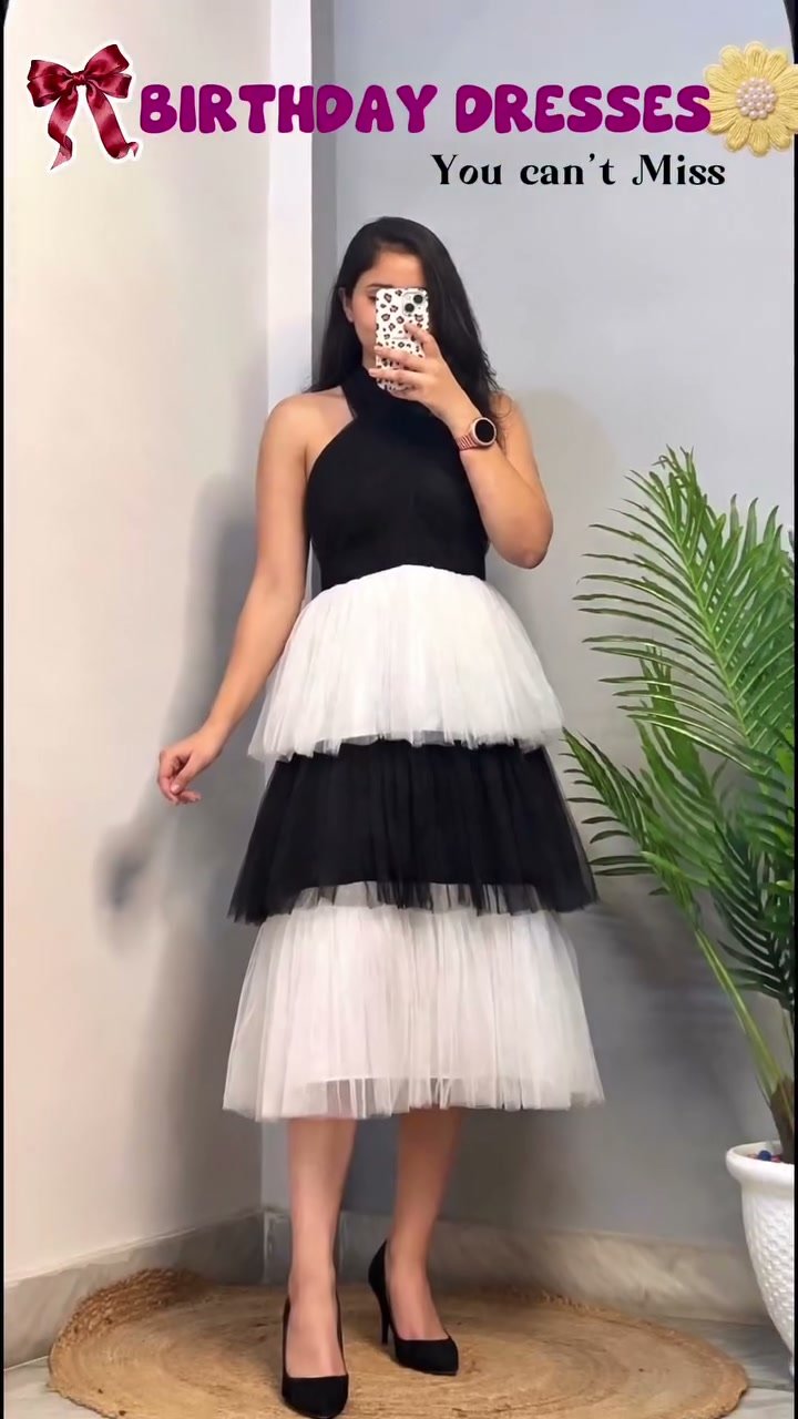 Chic Black and White Tiered Tulle Halter Birthday Dress