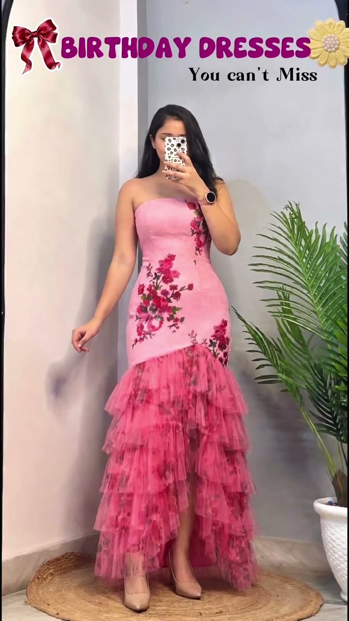 Pretty Pink Strapless Floral Birthday Dress with Ruffle Hem