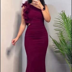 Luxurious Maroon Ruched One-Shoulder Birthday Dress