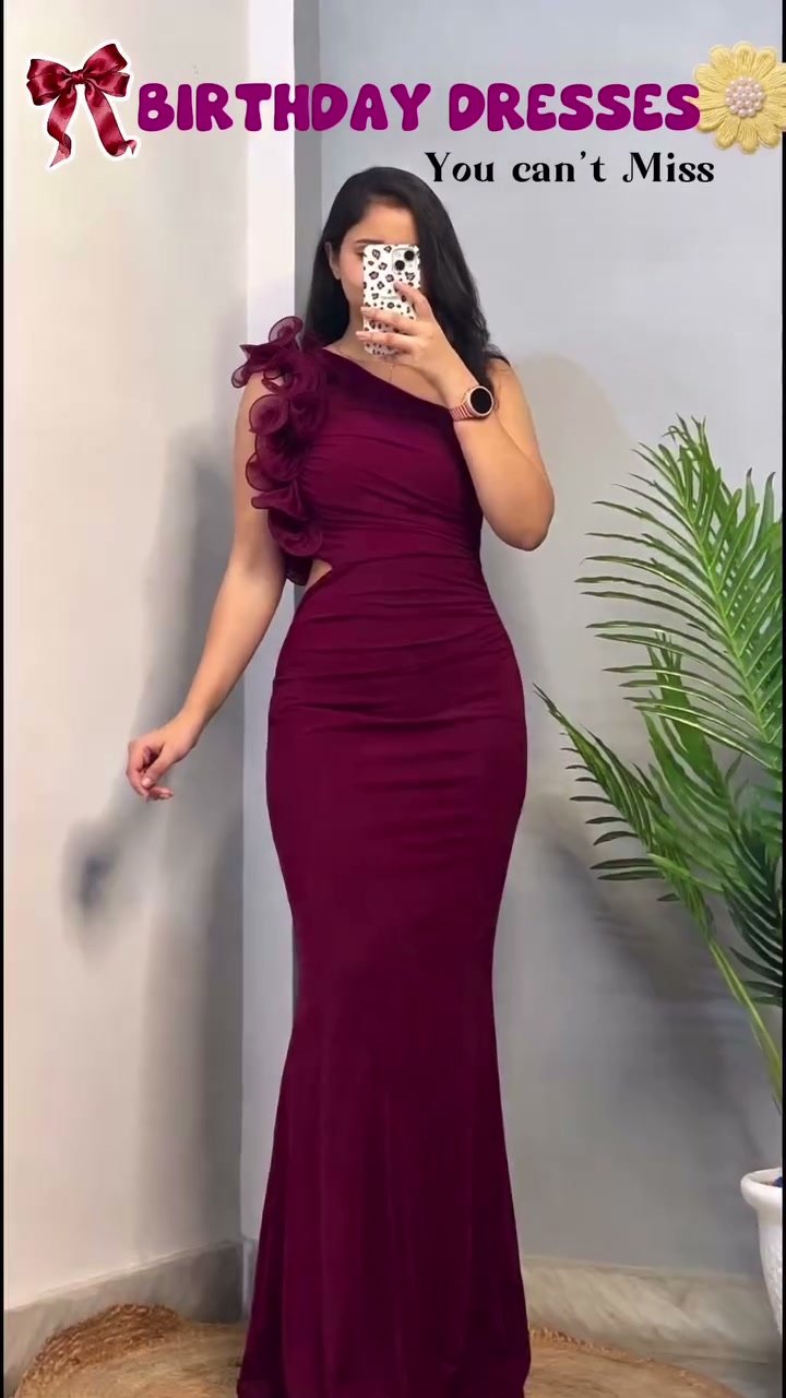 Luxurious Maroon Ruched One-Shoulder Birthday Dress
