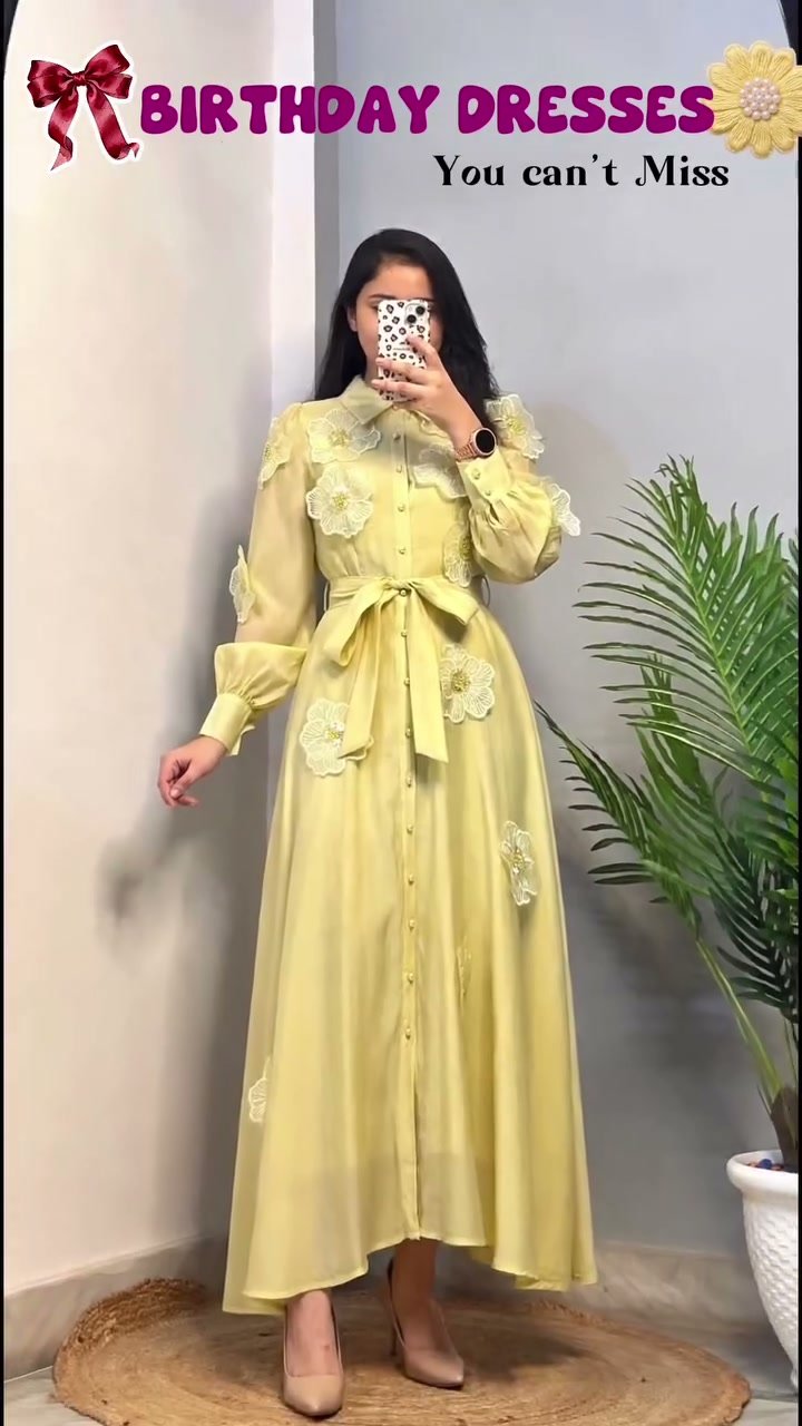 Charming Yellow Shirt Birthday Dress with Floral Applique and Belt