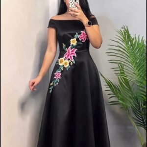 Elegant Black Off-Shoulder Birthday Dress with Floral Embroidery