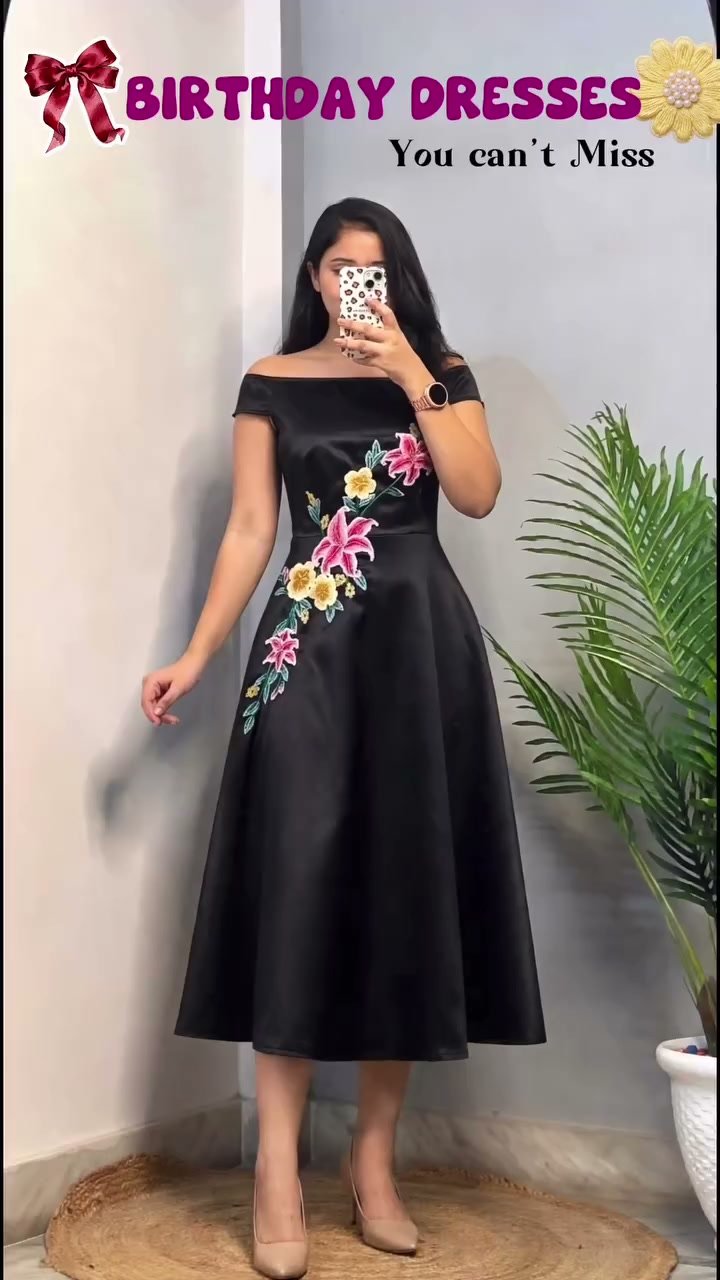 Elegant Black Off-Shoulder Birthday Dress with Floral Embroidery