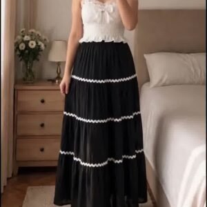Top and Skirt Set – White Black Tiered